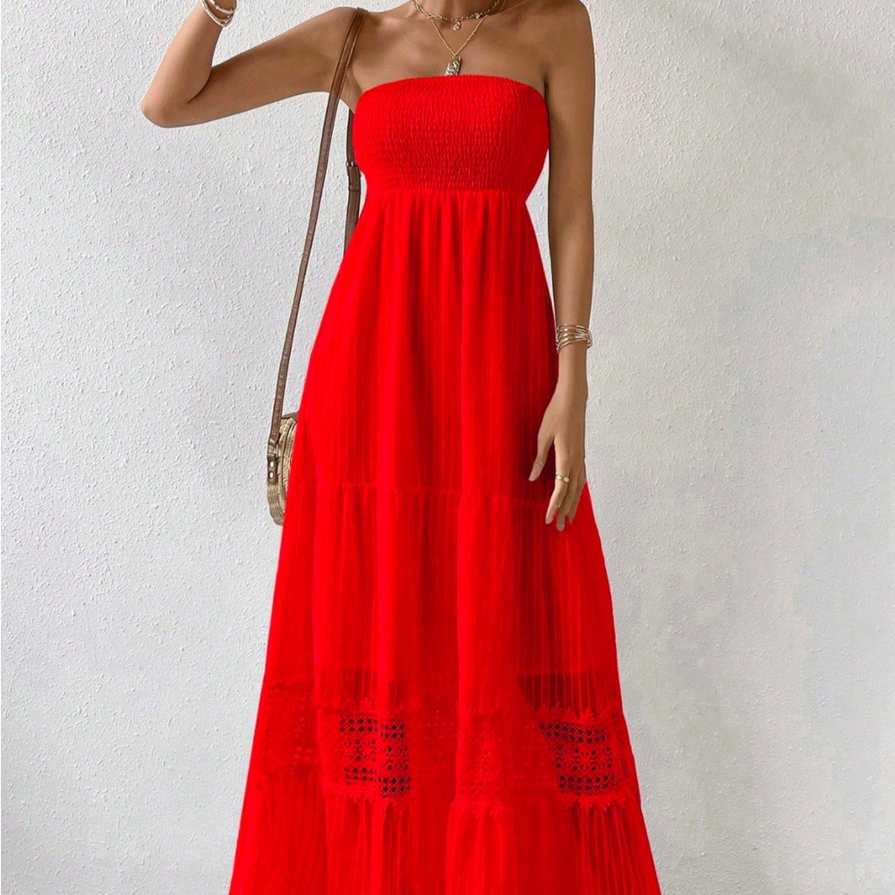 SHEIN Women's Solid Color Shirred Strapless Maxi Dress. Large.